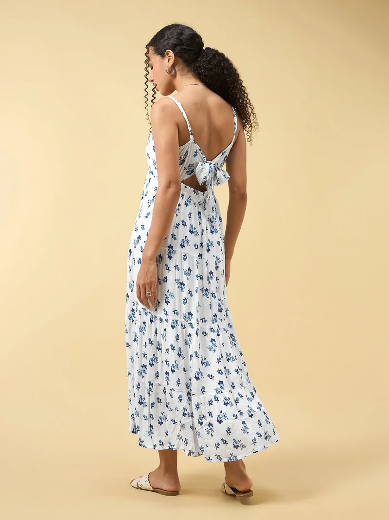Outzidr  Blue A-Line Tiered Dress With Tie Up Detail At The Back for Women | Best Price UAE